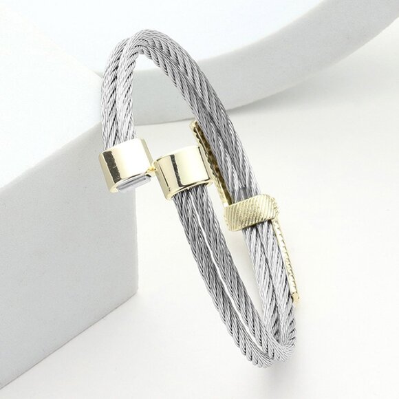 CZ Stone Paved Abstract Bar Pointed Two Tone Cable Magnetic Bracelet - Picture 2 of 4